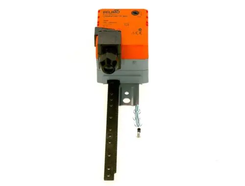 Bosch Motor mit Zahnstange und einem Hub. Das Gerät zeigt eine orangefarbene Oberseite mit Anschluss und einer schwarzen linearen Bewegungseinheit.